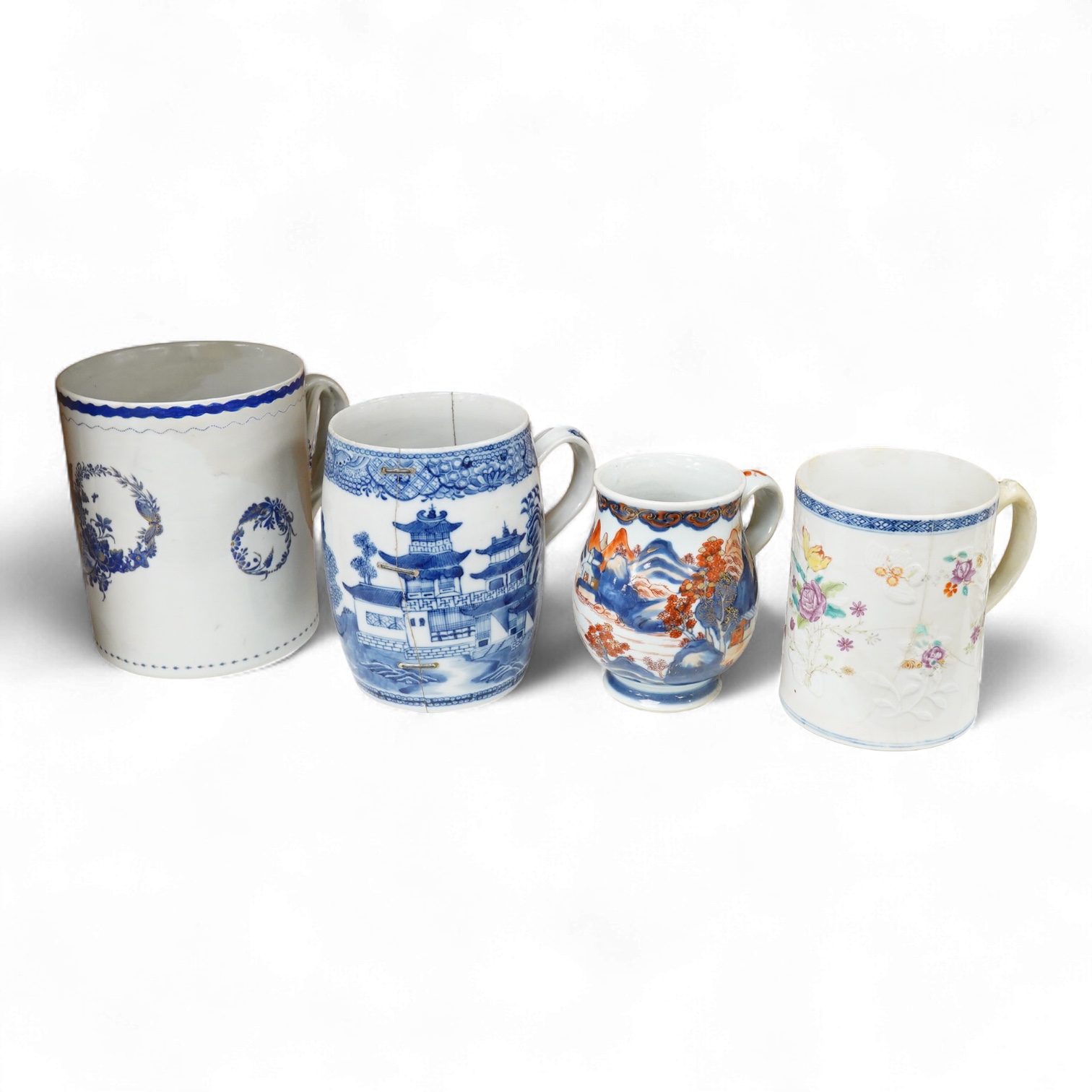 Four 18th century Export and later Chinese mugs to include a blue and white example, (a.f), largest 15cm high
